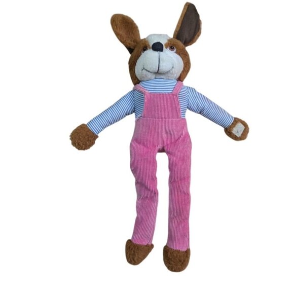 Vintage knee hugger Stuffed Dog Toy Pink Corduroy Overalls & Striped Shirt 15" - Picture 2 of 7